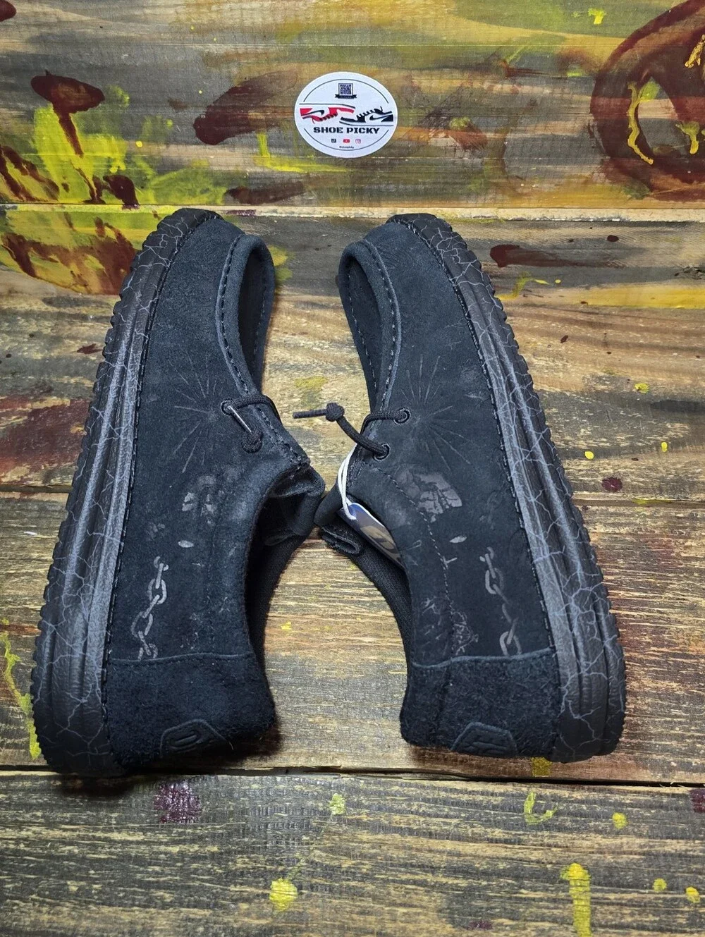 Hey Dude Wally Jelly Roll Men's Size 9 Black Suede Tattoo Loafers 44964-060 NEW